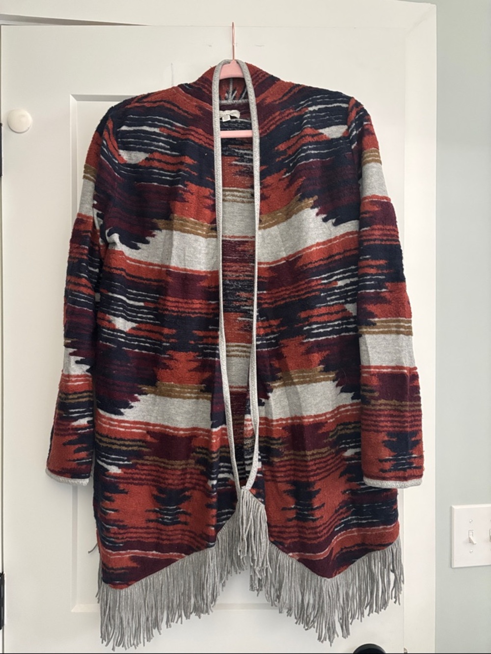Lucky Brand Rust Multi Aztec Fringe Open-Front Cardigan